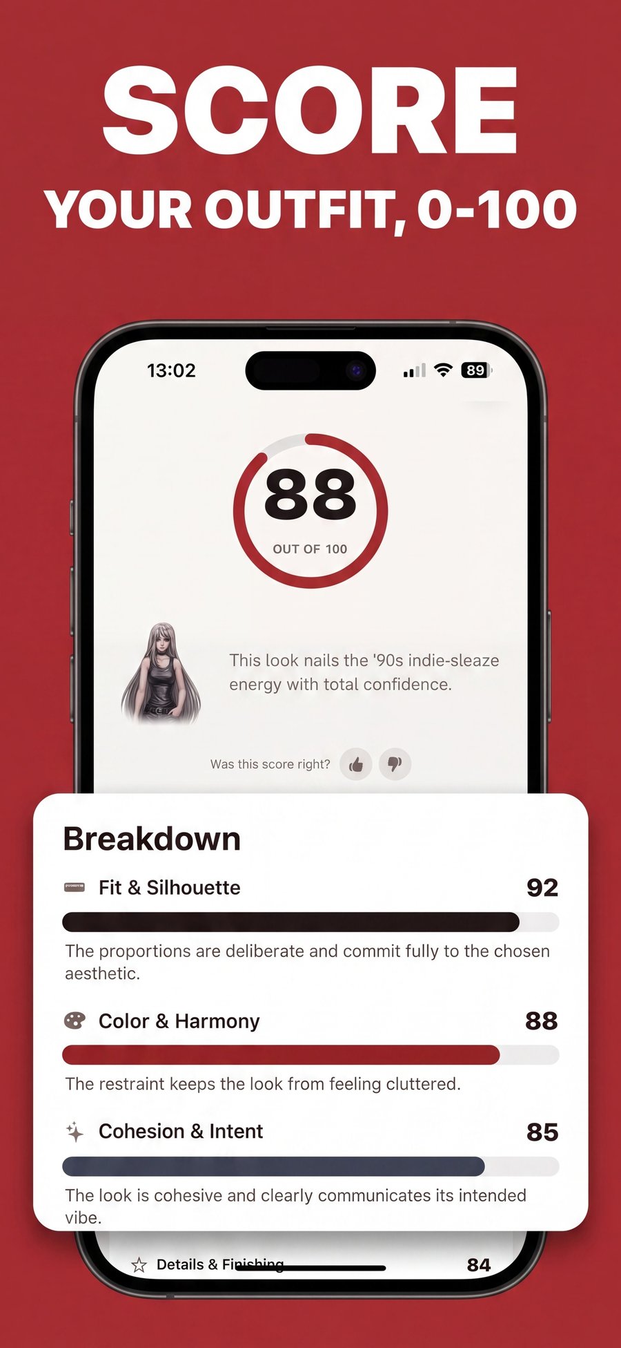 Score your outfit 0–100: an 88 score ring above a breakdown card scoring Fit & Silhouette 92, Color & Harmony 88, Cohesion & Intent 85 and Details & Finishing 84.